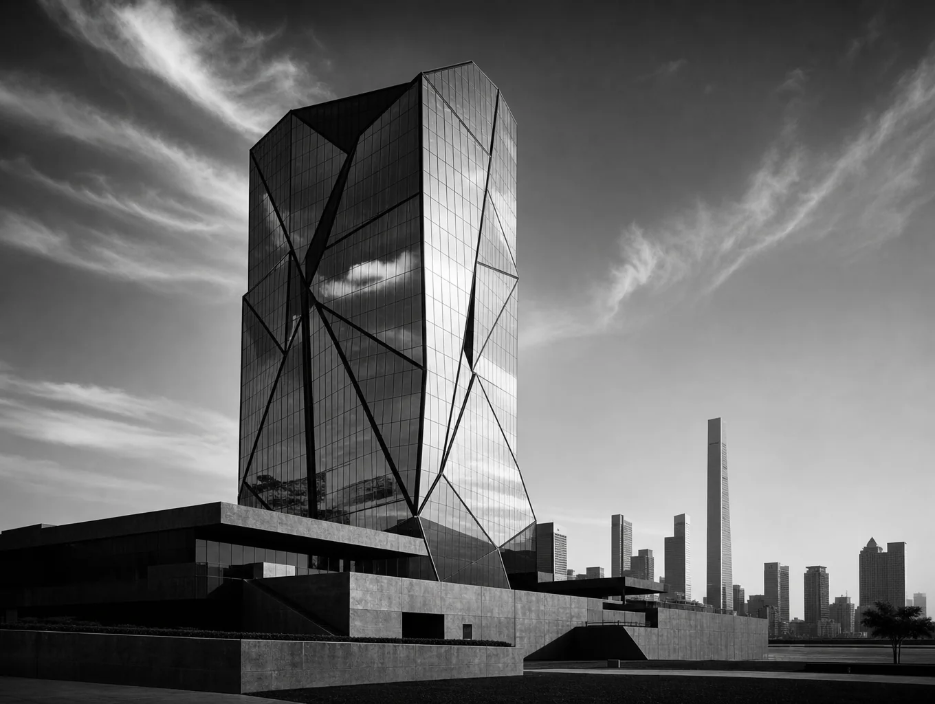 Sleek contemporary building angles with sharp shadow geometries