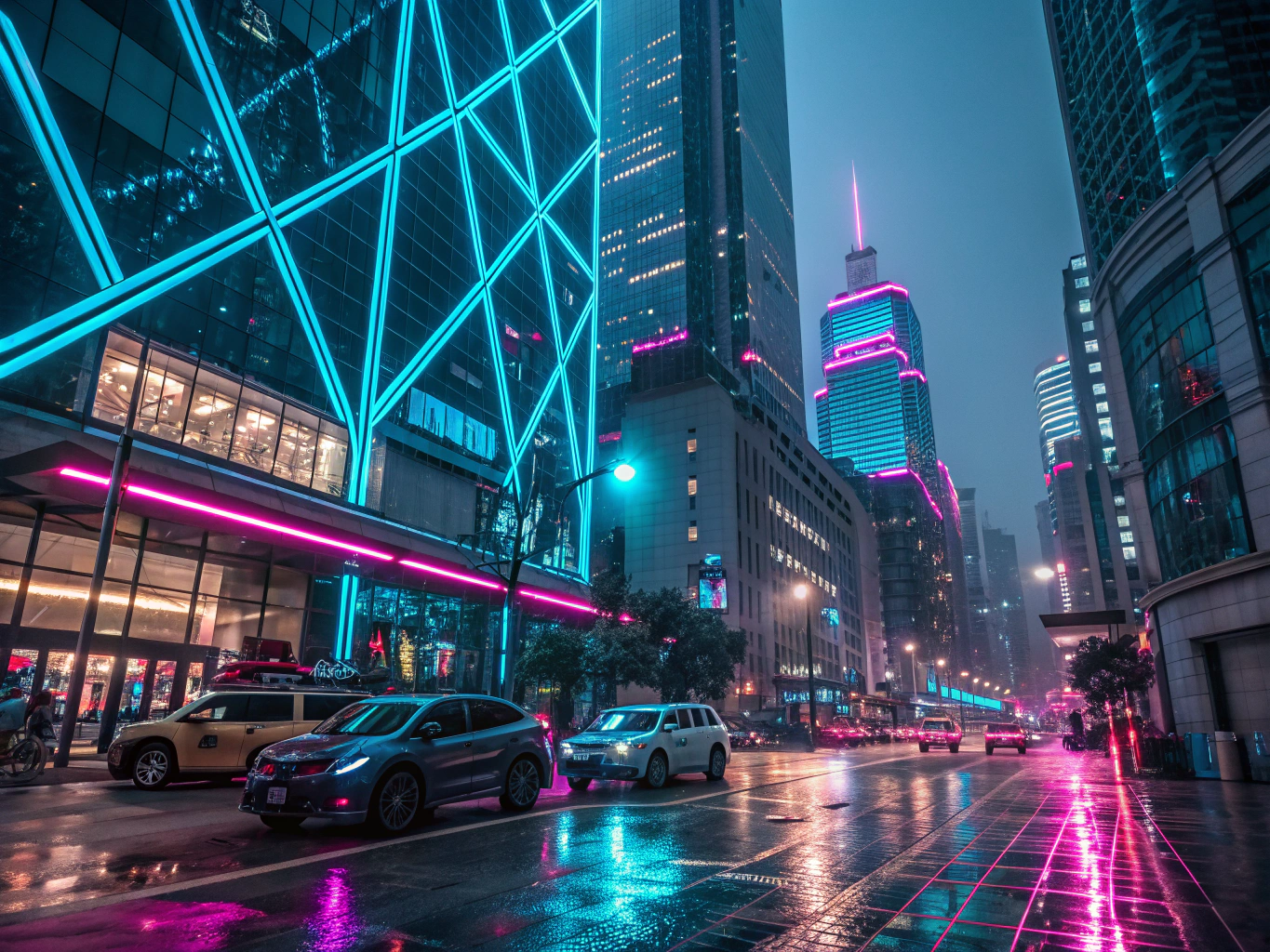 Cyberpunk neon lit cityscape video reel frame