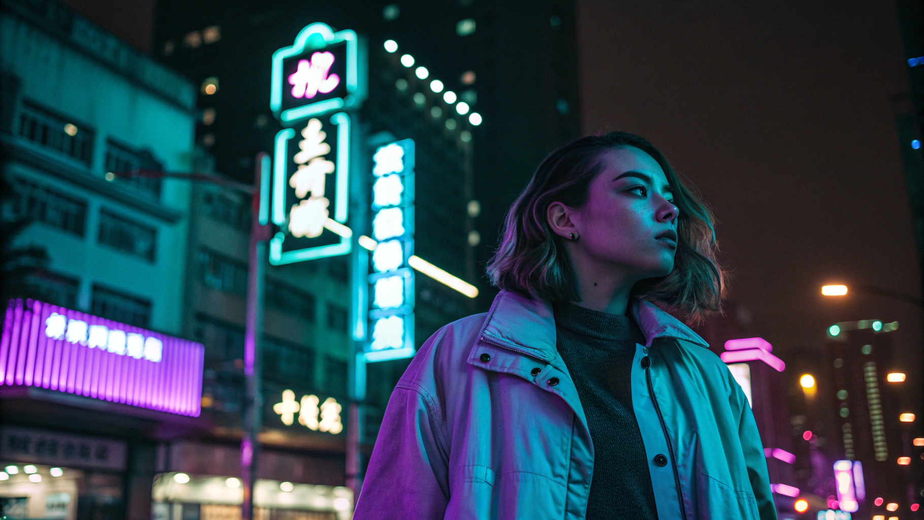 Cinematic portrait with vivid tungsten and neon light play