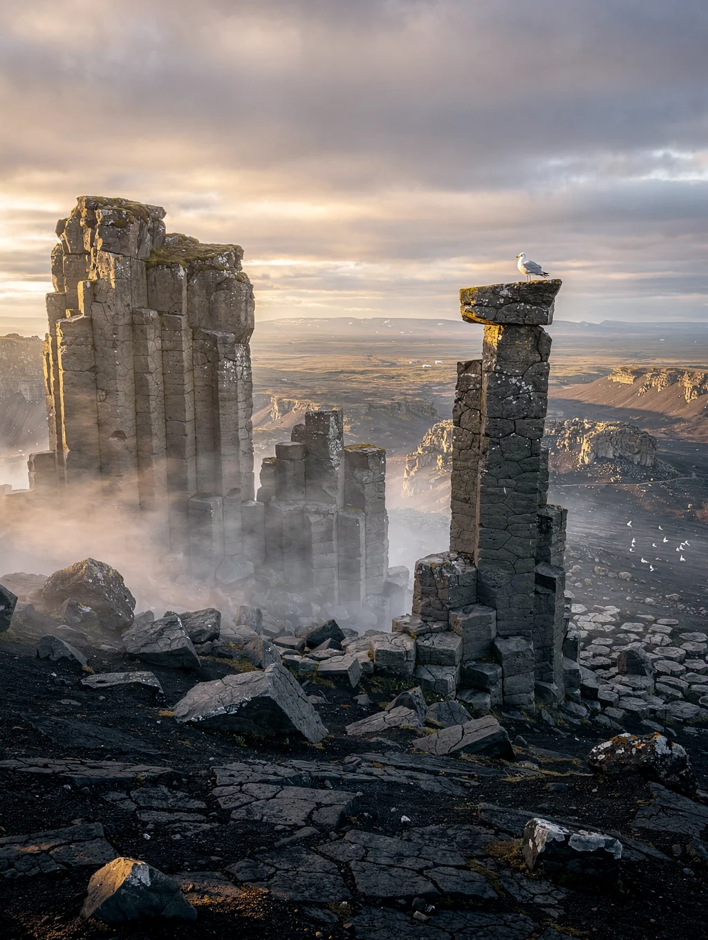Dramatic mountain peak enveloped in low mist and moody ambient light