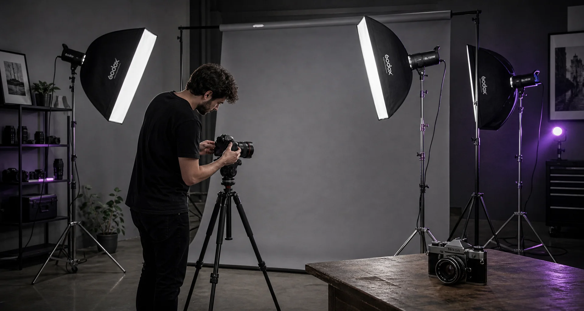 Photographer composing a dramatic portrait in a studio set